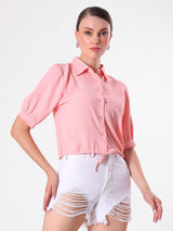 Crinkle Pink Crop Shirt with Drawstring