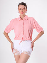 Crinkle Pink Crop Shirt with Drawstring