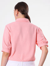 Crinkle Pink Crop Shirt with Drawstring