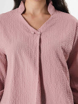 Crinkle Pink Top With Puff Sleeve & Mandarin Collar