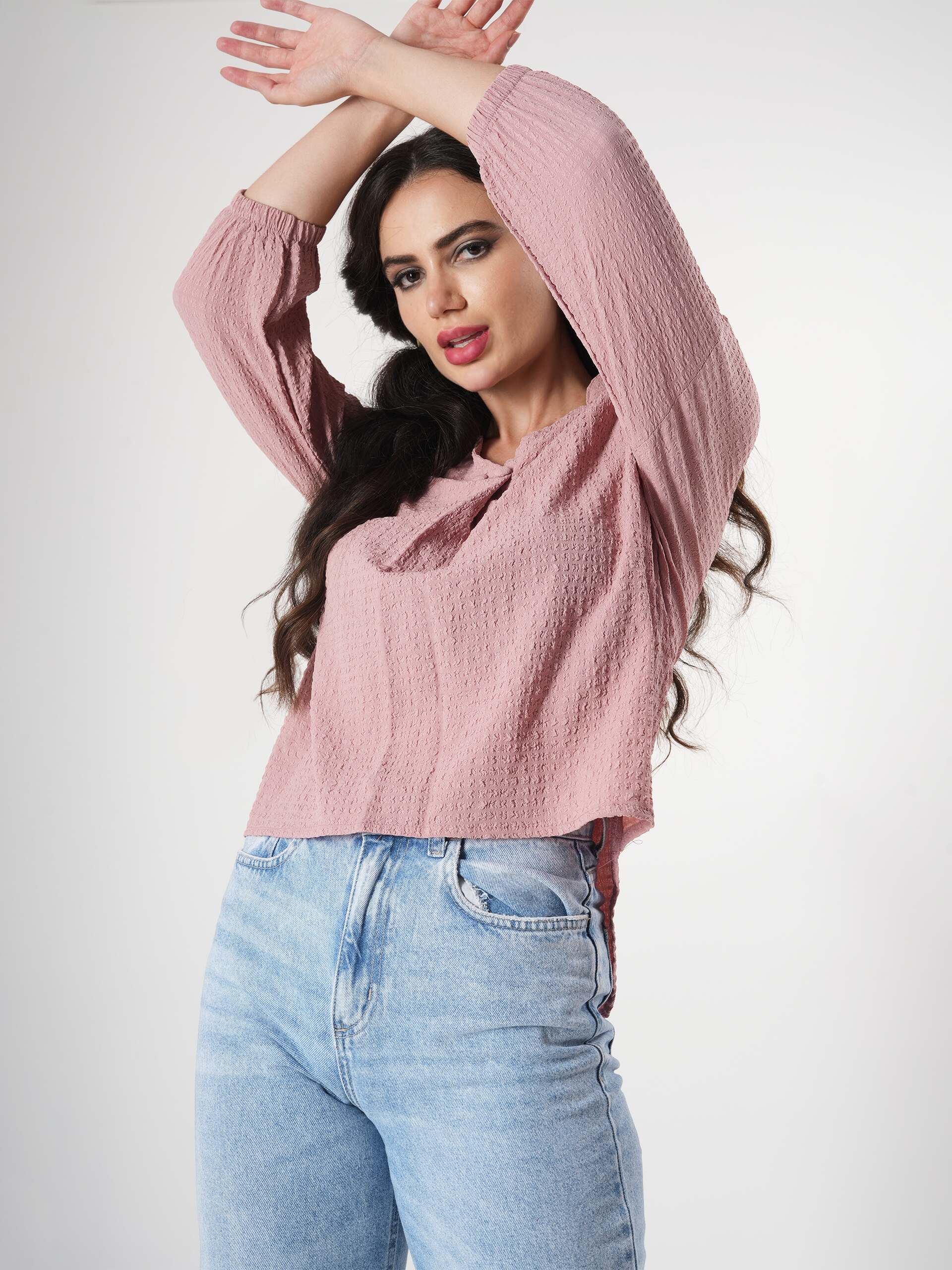 Crinkle Pink Top With Puff Sleeve & Mandarin Collar