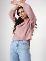 Crinkle Pink Top With Puff Sleeve & Mandarin Collar