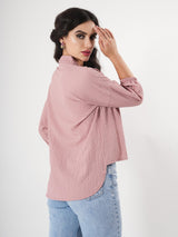Crinkle Pink Top With Puff Sleeve & Mandarin Collar