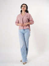 Crinkle Pink Top With Puff Sleeve & Mandarin Collar