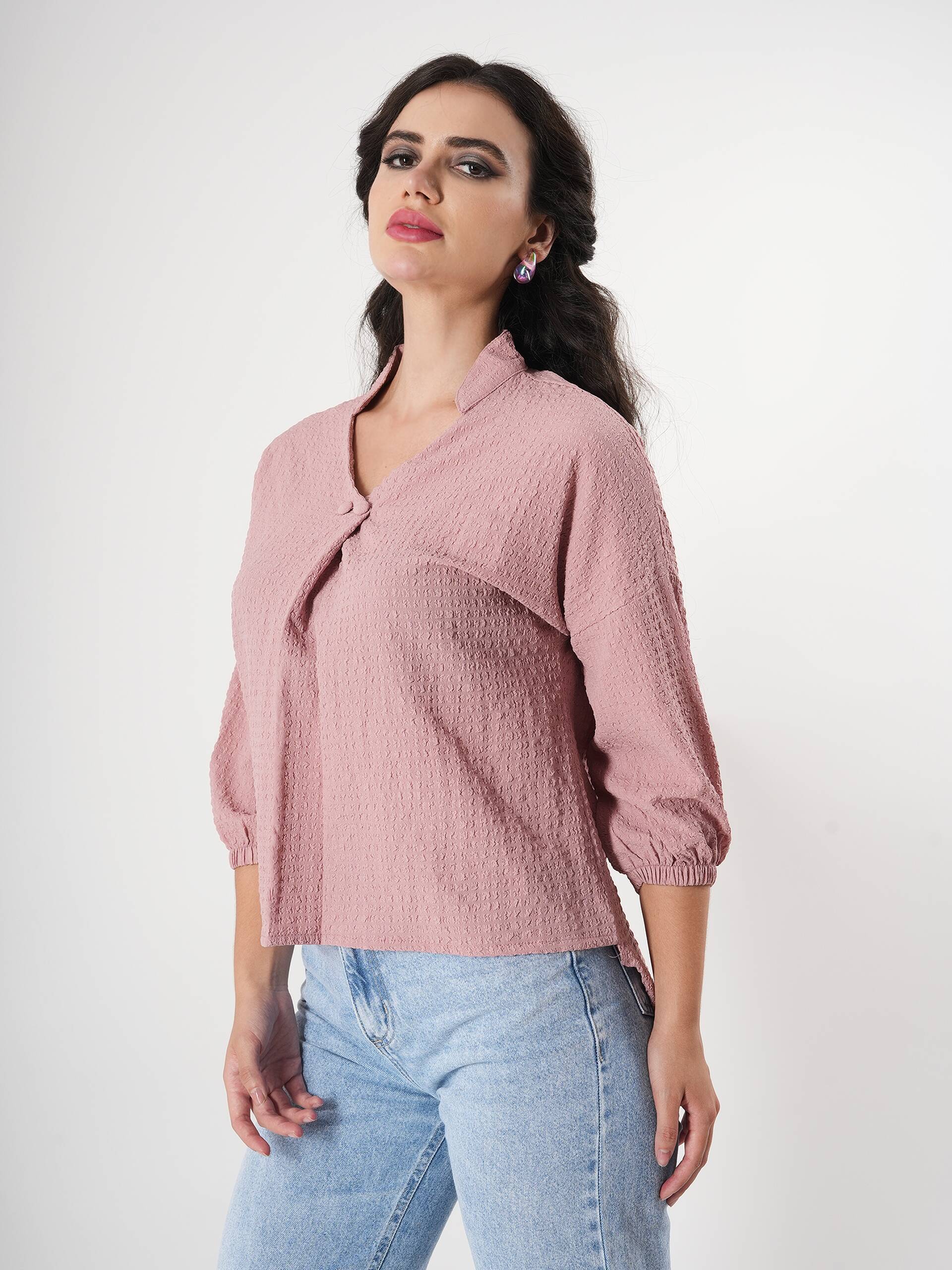 Crinkle Pink Top With Puff Sleeve & Mandarin Collar