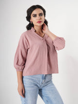 Crinkle Pink Top With Puff Sleeve & Mandarin Collar