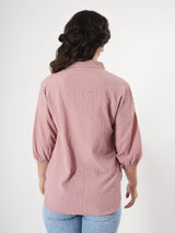 Crinkle Pink Top With Puff Sleeve & Mandarin Collar