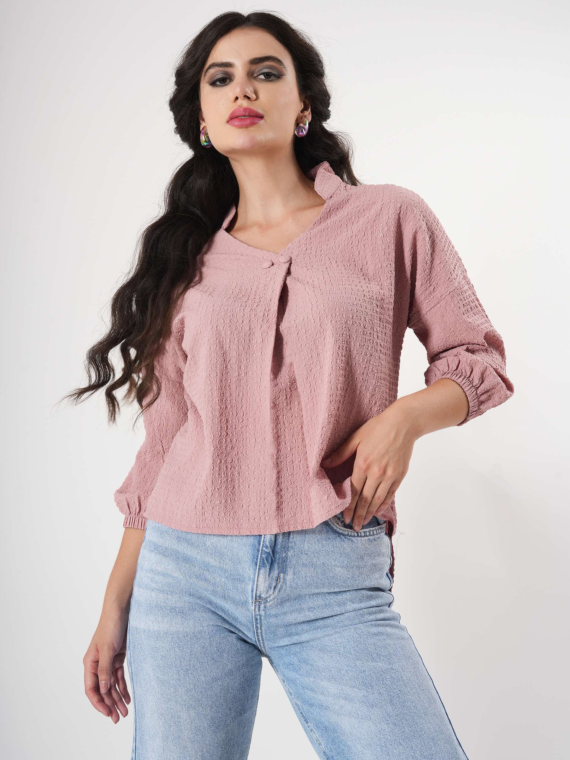 Crinkle Pink Top With Puff Sleeve & Mandarin Collar