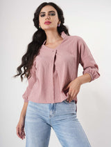 Crinkle Pink Top With Puff Sleeve & Mandarin Collar