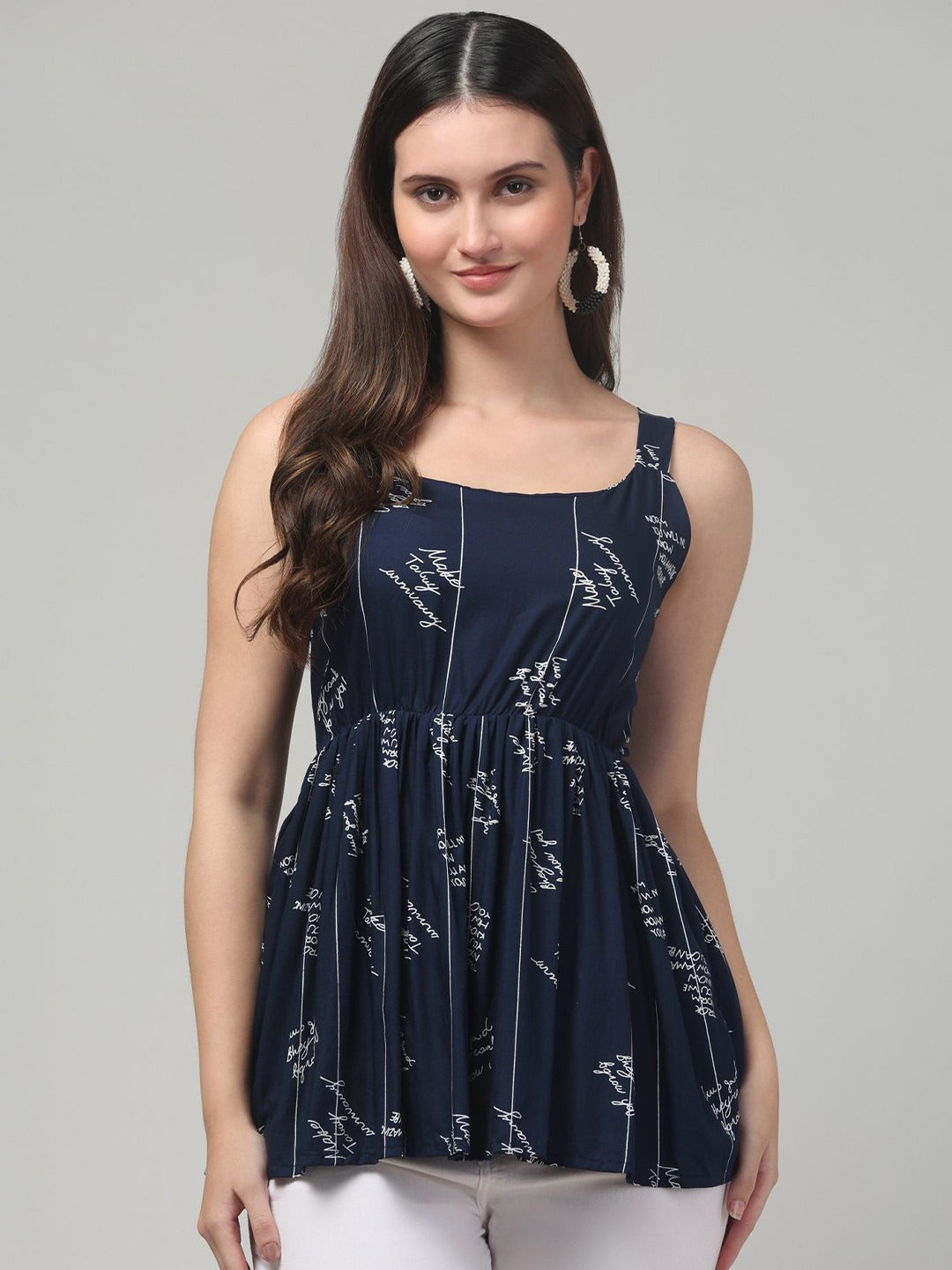 Clobug Women Blue Typography Tunic Top