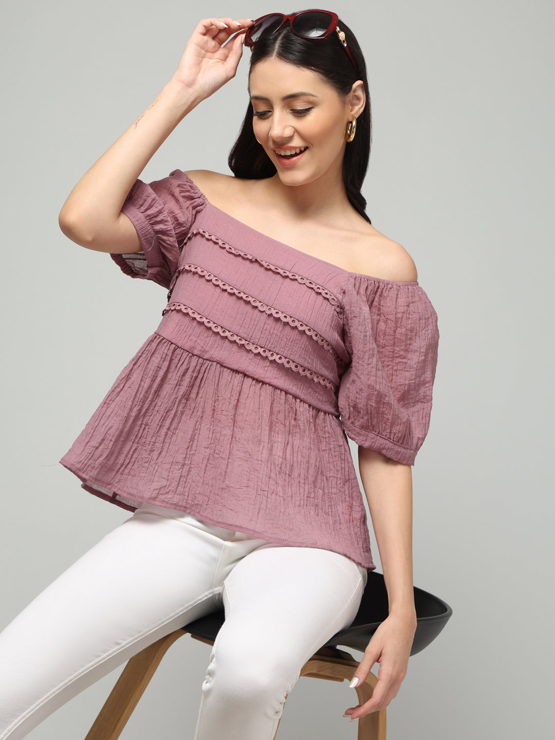 Clobug Women Solid Square Neck Purple Top