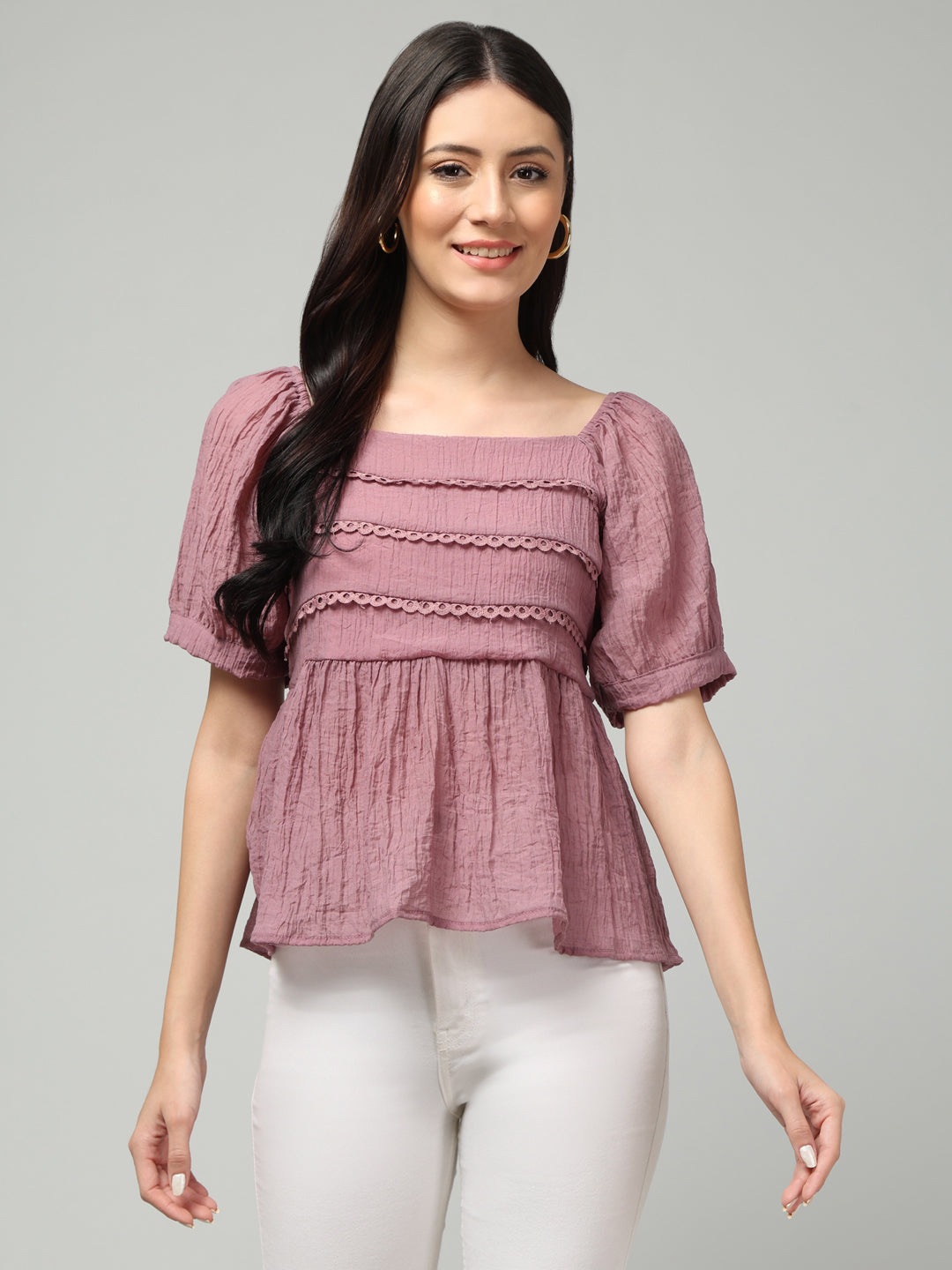 Clobug Women Solid Square Neck Purple Top