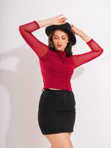 Maroon Neck Detail Net Top