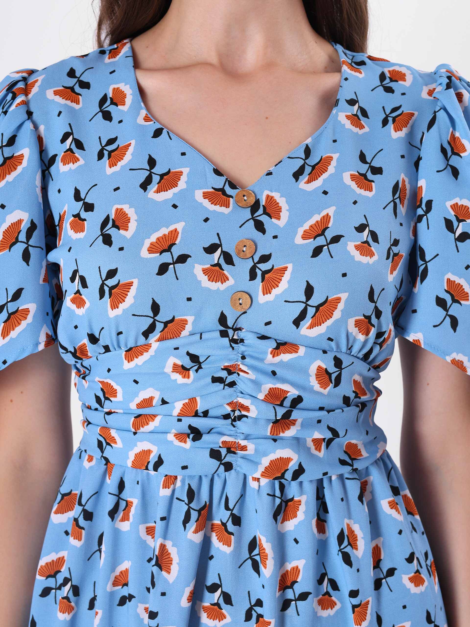 Floral Print Bell Sleeve Pleated Midi Dress