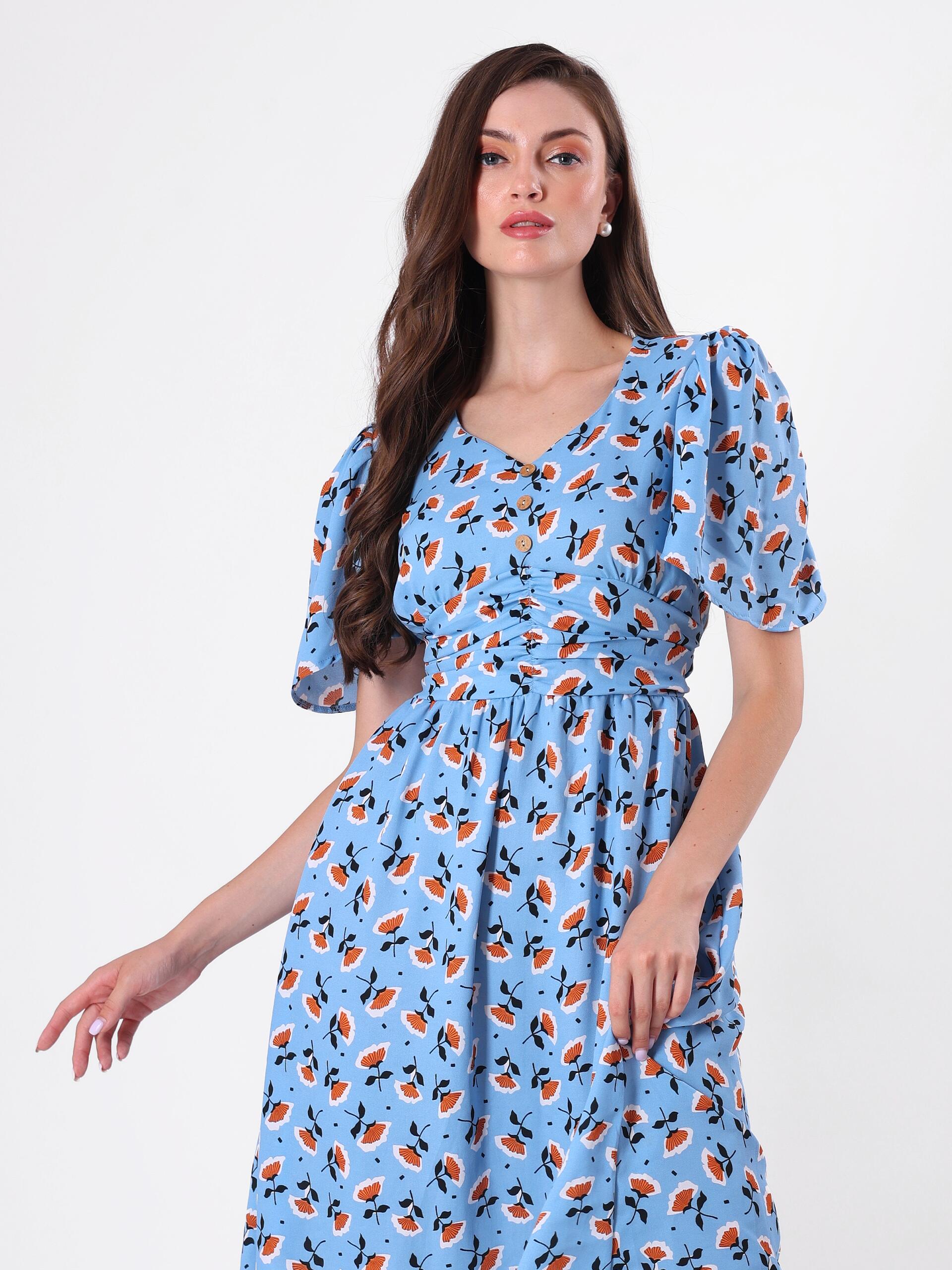 Floral Print Bell Sleeve Pleated Midi Dress