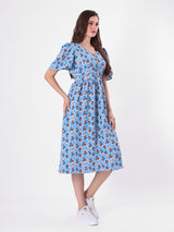 Floral Print Bell Sleeve Pleated Midi Dress