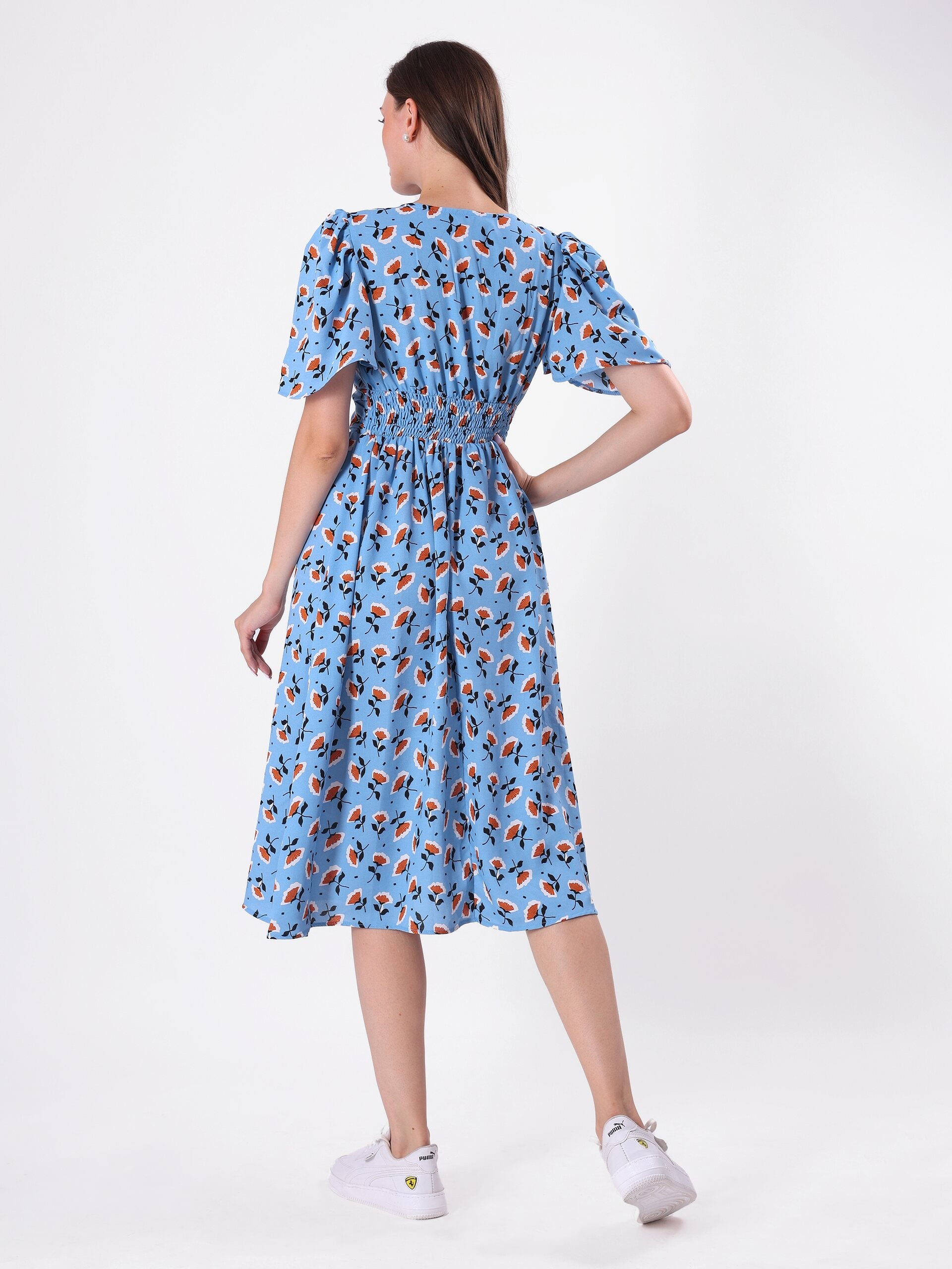 Floral Print Bell Sleeve Pleated Midi Dress