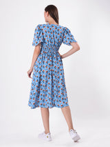Floral Print Bell Sleeve Pleated Midi Dress