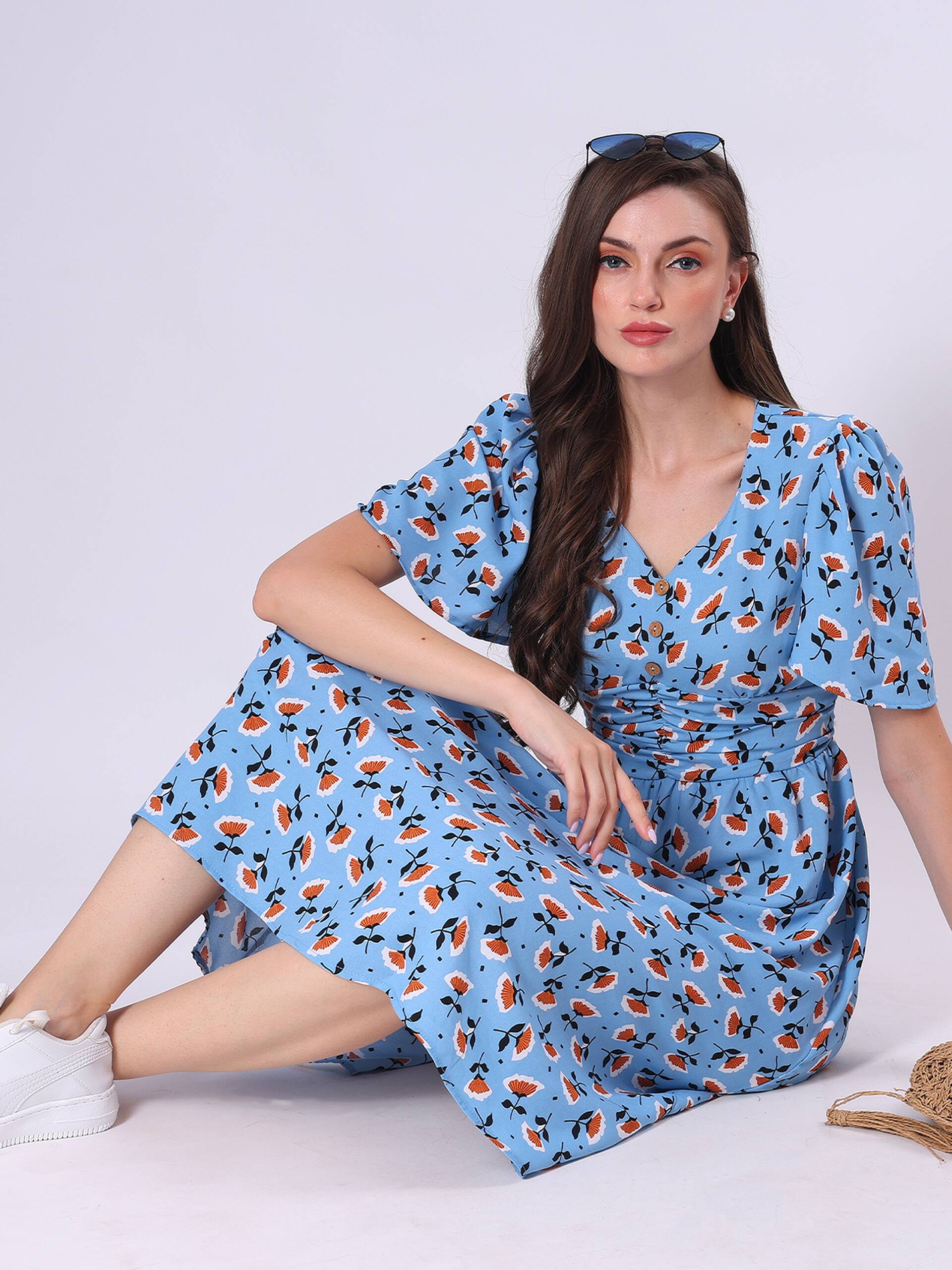 Floral Print Bell Sleeve Pleated Midi Dress