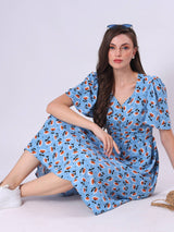 Floral Print Bell Sleeve Pleated Midi Dress