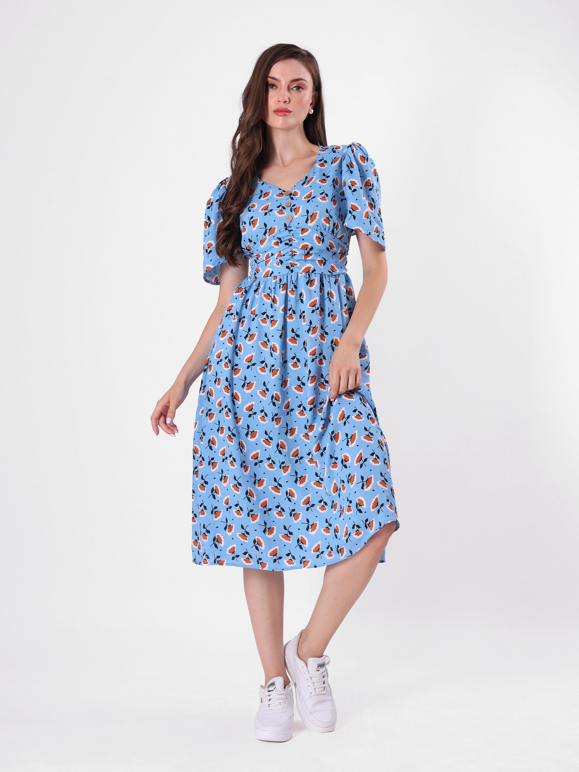 Floral Print Bell Sleeve Pleated Midi Dress
