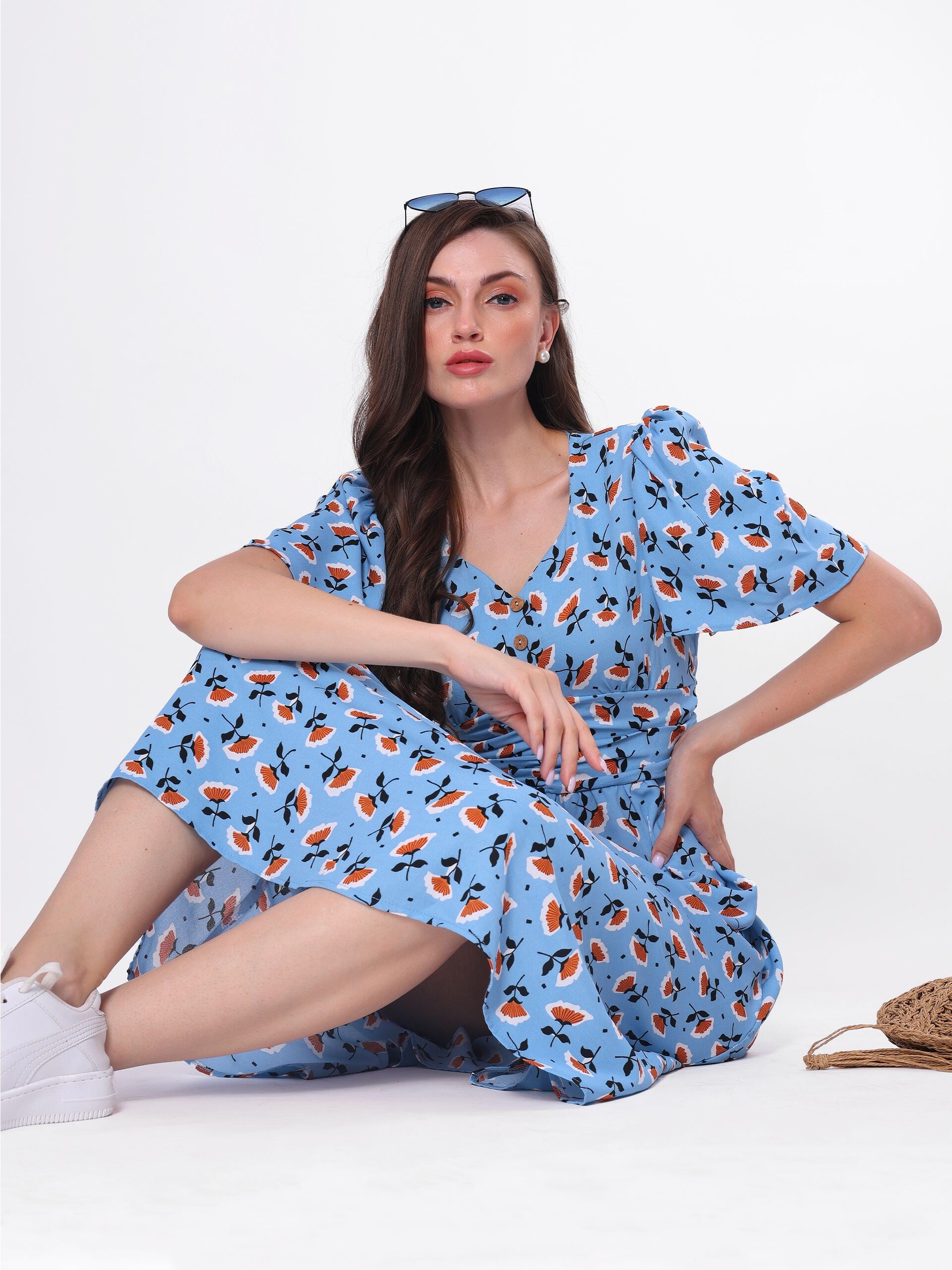 Floral Print Bell Sleeve Pleated Midi Dress