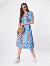 Floral Print Bell Sleeve Pleated Midi Dress