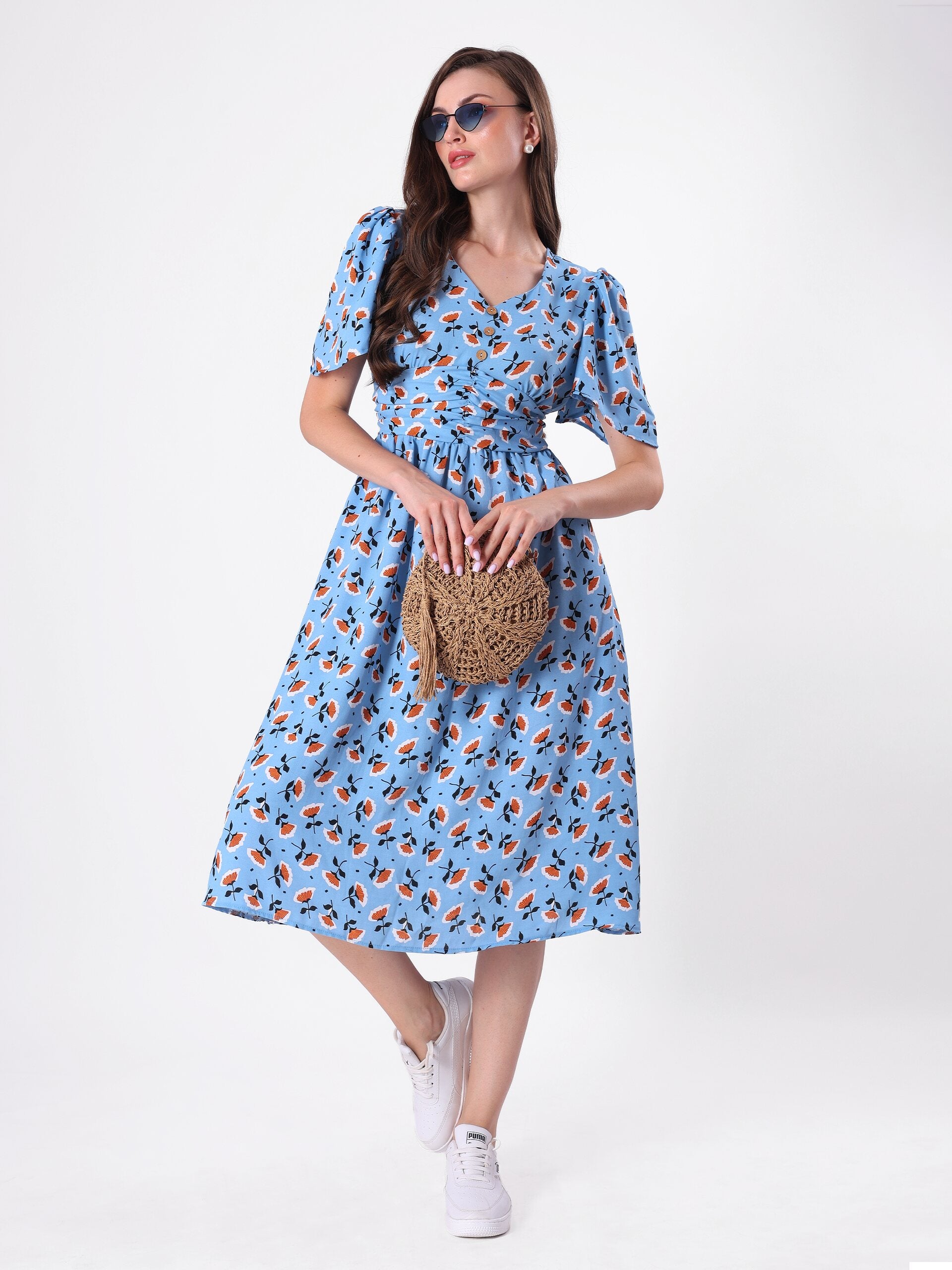 Floral Print Bell Sleeve Pleated Midi Dress