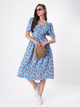 Floral Print Bell Sleeve Pleated Midi Dress