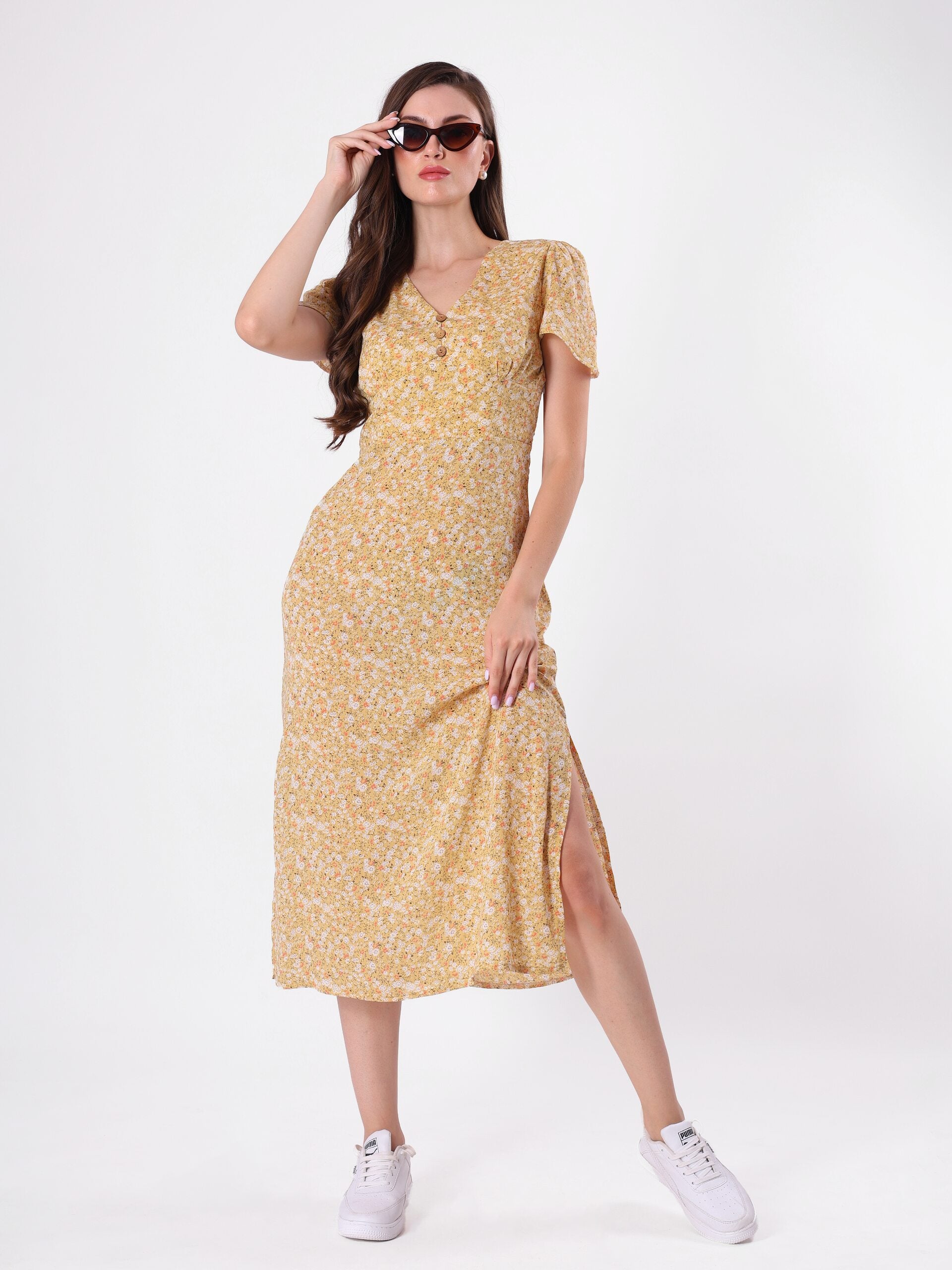 Floral Print Bell Sleeve Side Slit Midi Dress