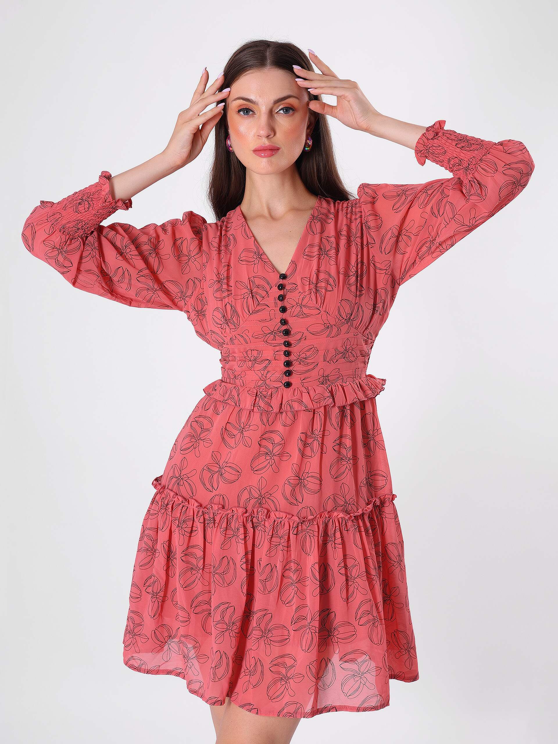Floral Print Pleated Flared Midi Dress