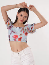 Floral Print Puff Sleeve Crop Top