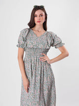 Floral Print Puff Sleeve Ruffled Midi Dress