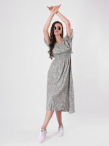 Floral Print Puff Sleeve Ruffled Midi Dress