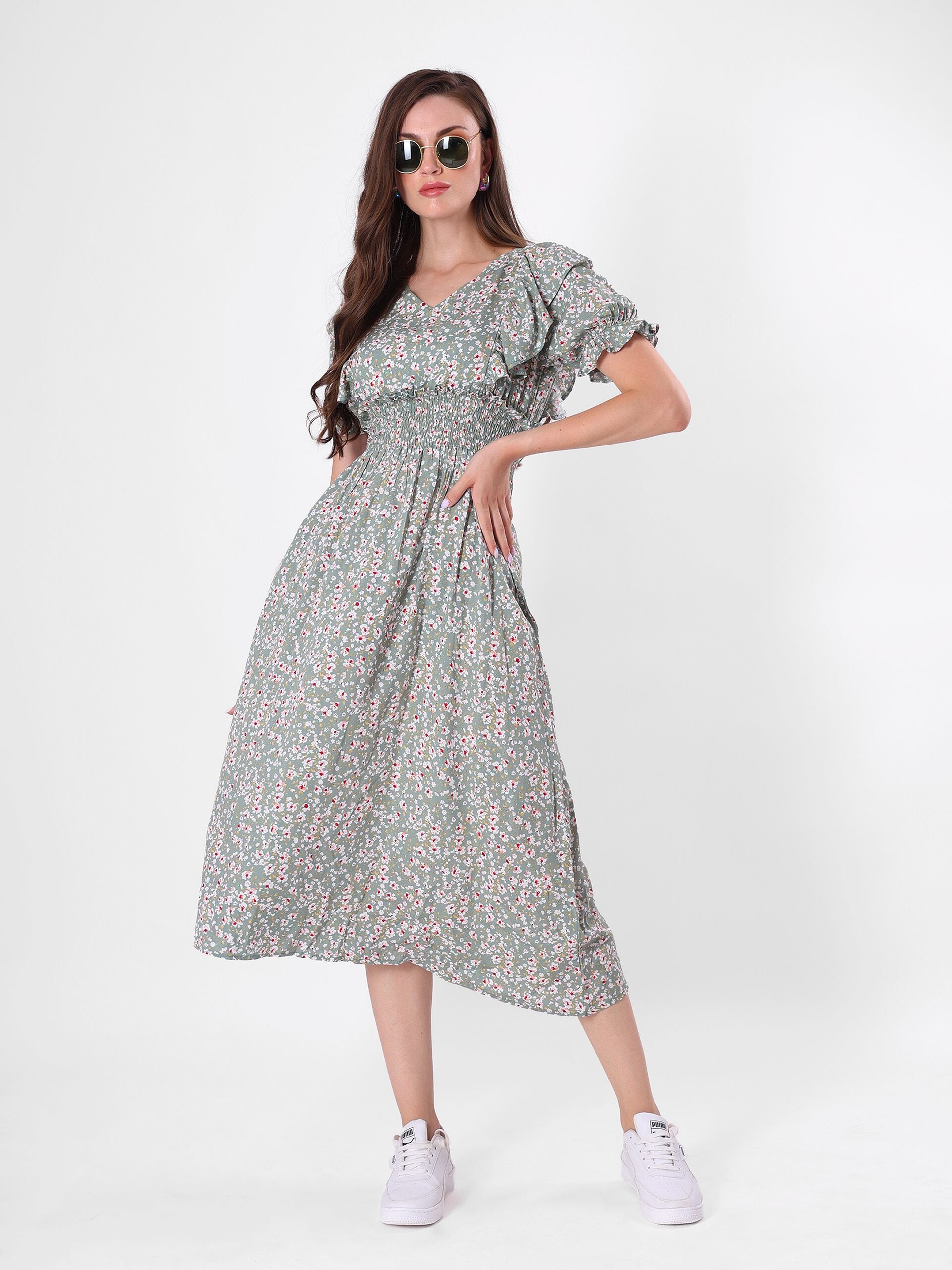 Floral Print Puff Sleeve Ruffled Midi Dress