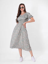 Floral Print Puff Sleeve Ruffled Midi Dress