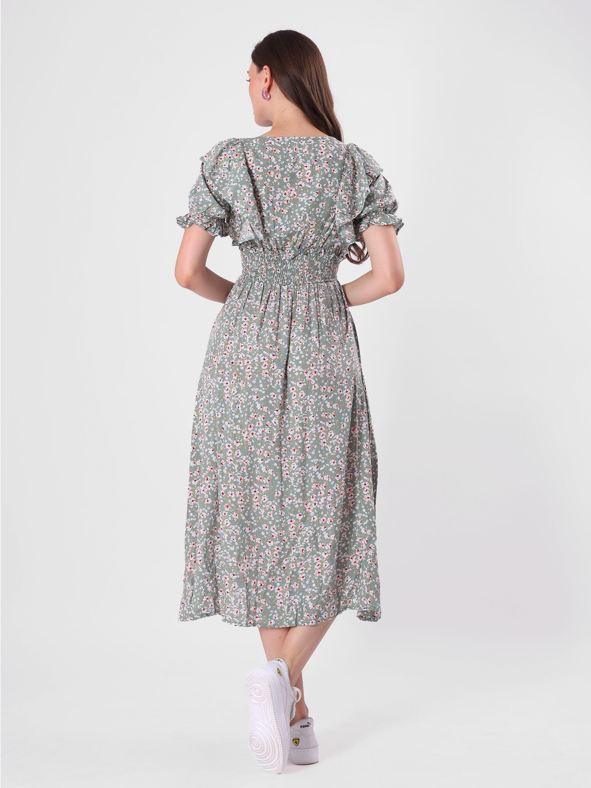 Floral Print Puff Sleeve Ruffled Midi Dress
