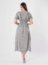 Floral Print Puff Sleeve Ruffled Midi Dress