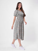 Floral Print Puff Sleeve Ruffled Midi Dress