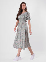 Floral Print Puff Sleeve Ruffled Midi Dress