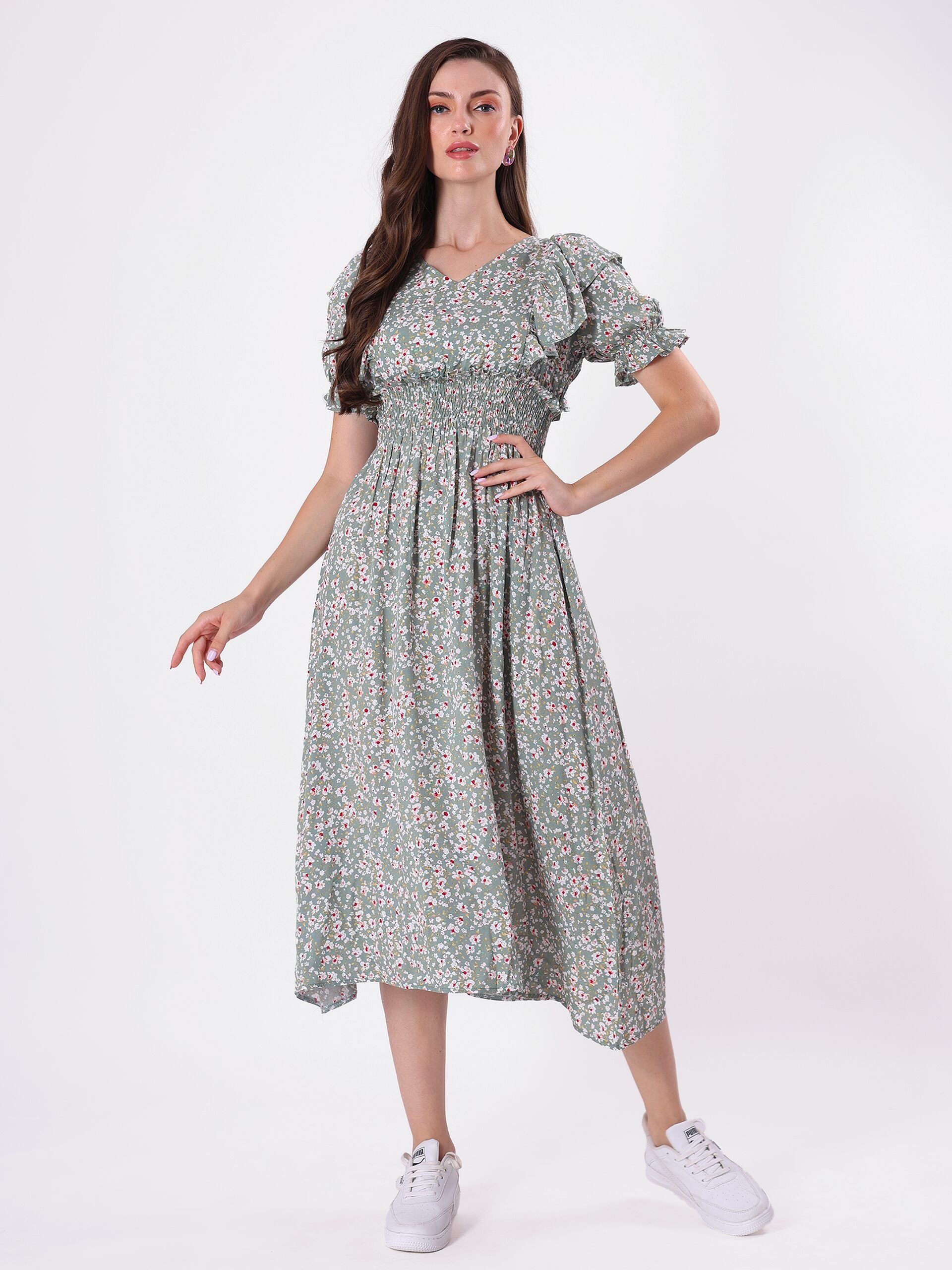Floral Print Puff Sleeve Ruffled Midi Dress