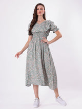 Floral Print Puff Sleeve Ruffled Midi Dress