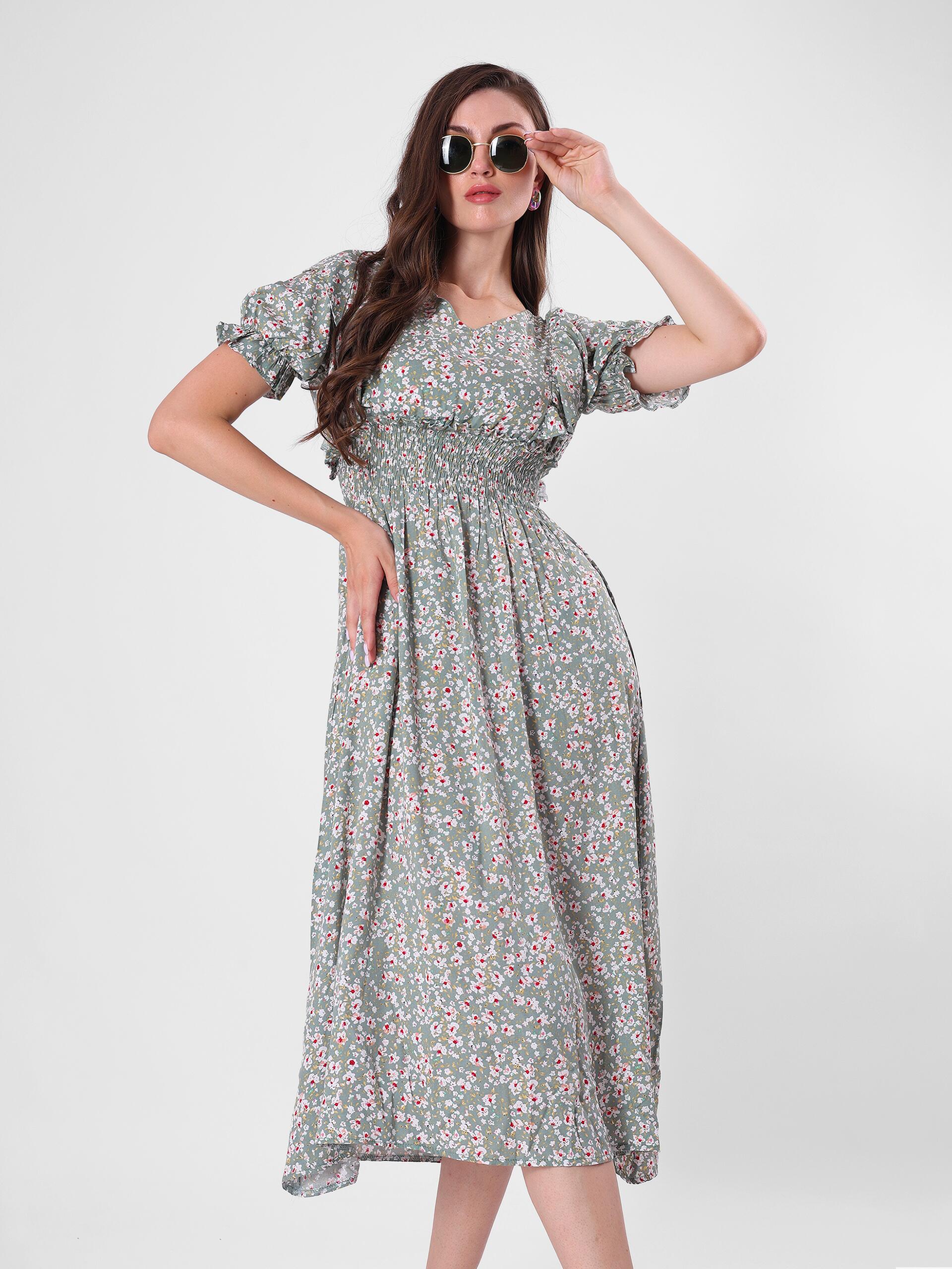 Floral Print Puff Sleeve Ruffled Midi Dress