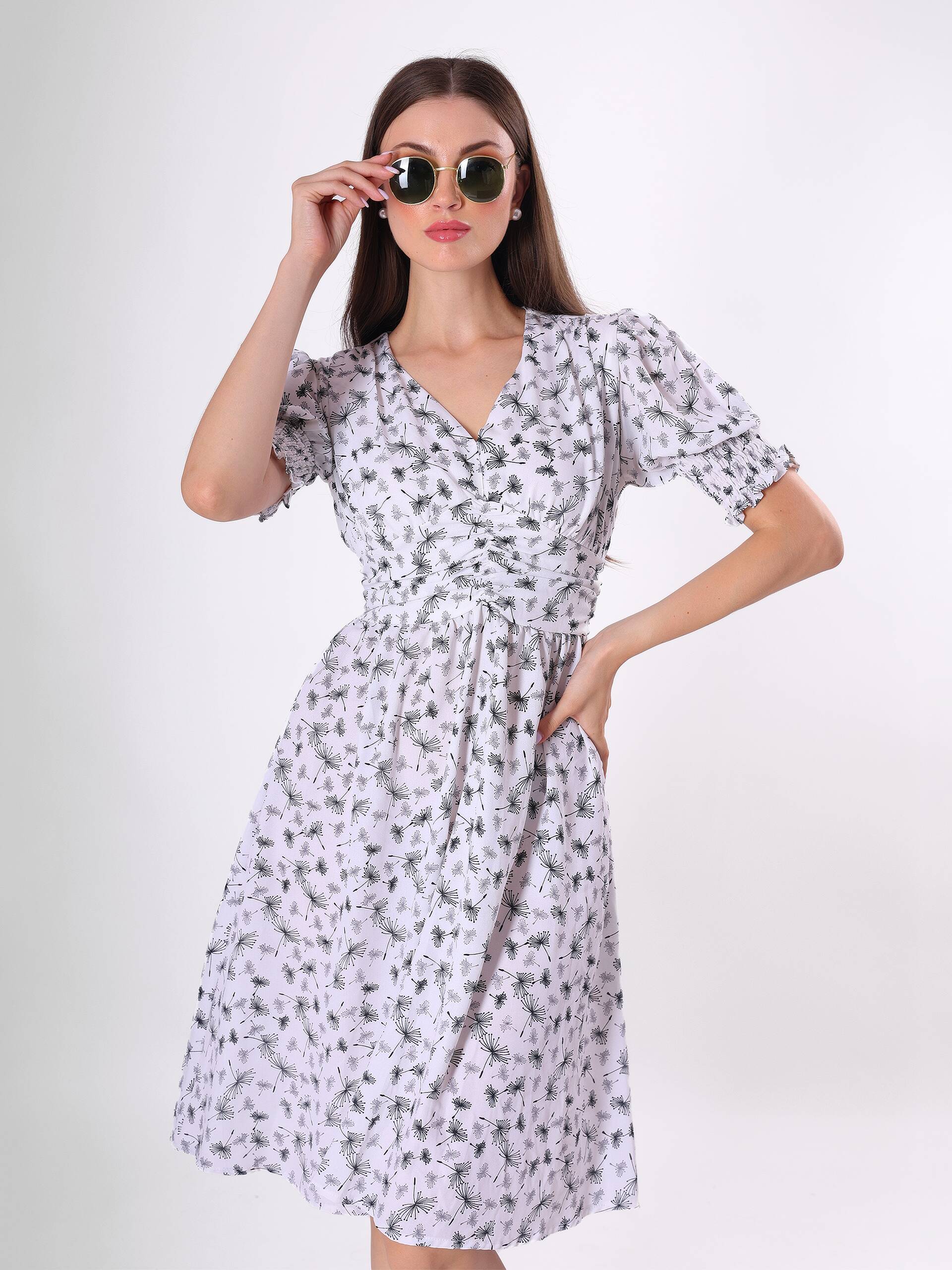 Floral Print Puff Sleeve V Neck Midi Dress