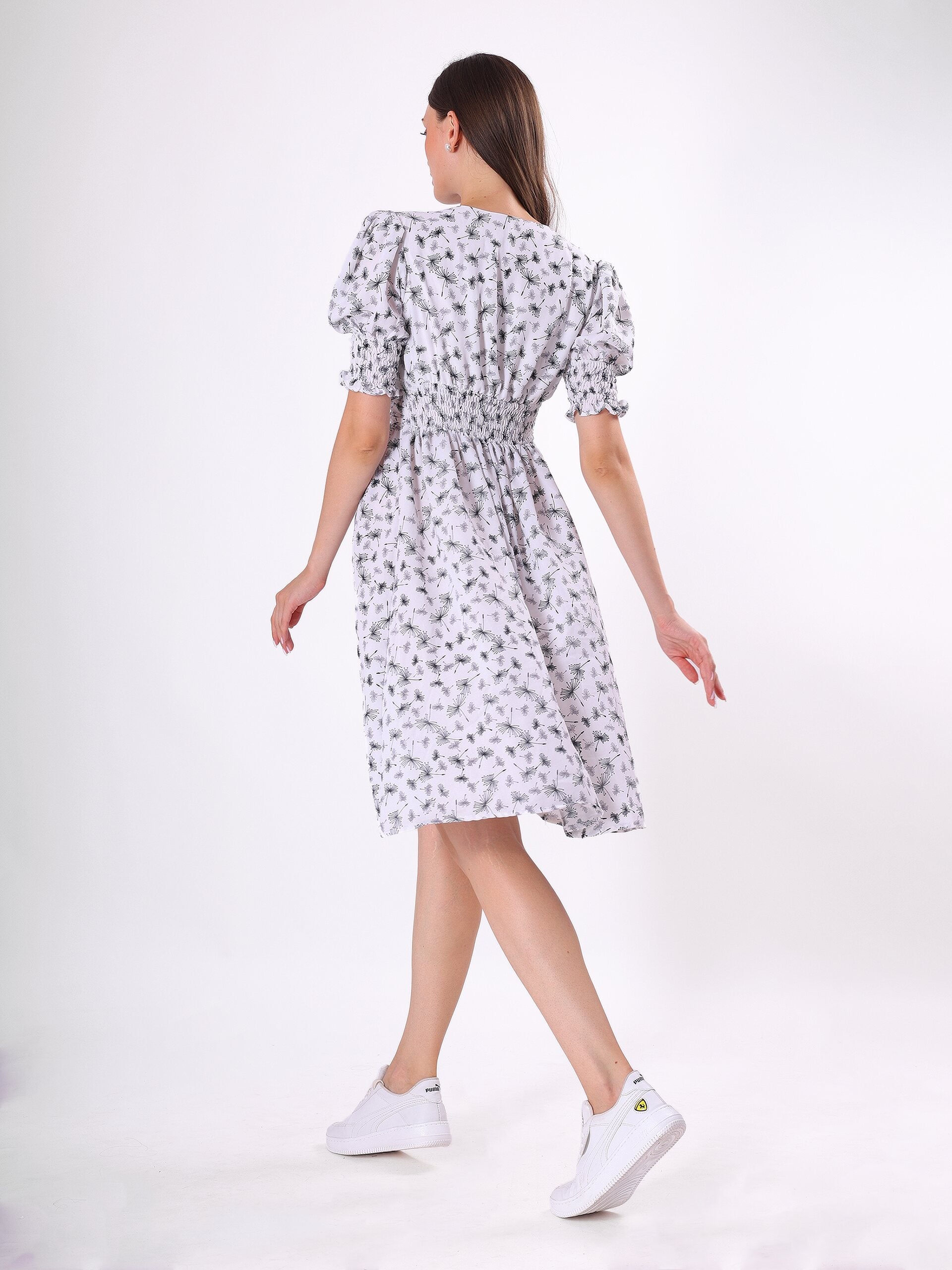 Floral Print Puff Sleeve V Neck Midi Dress
