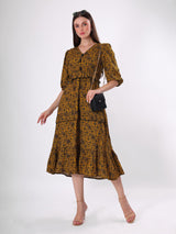 Floral Print V Neck Flared Midi Dress