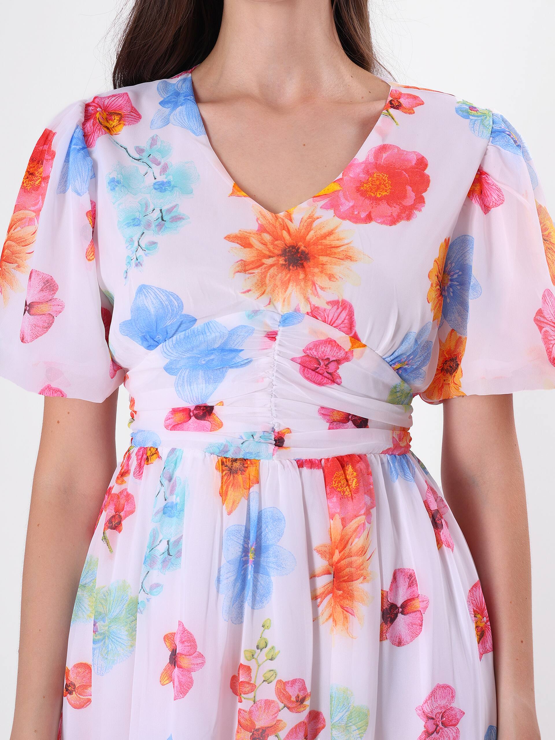 Floral Print V Neck Multicolor Midi Dress