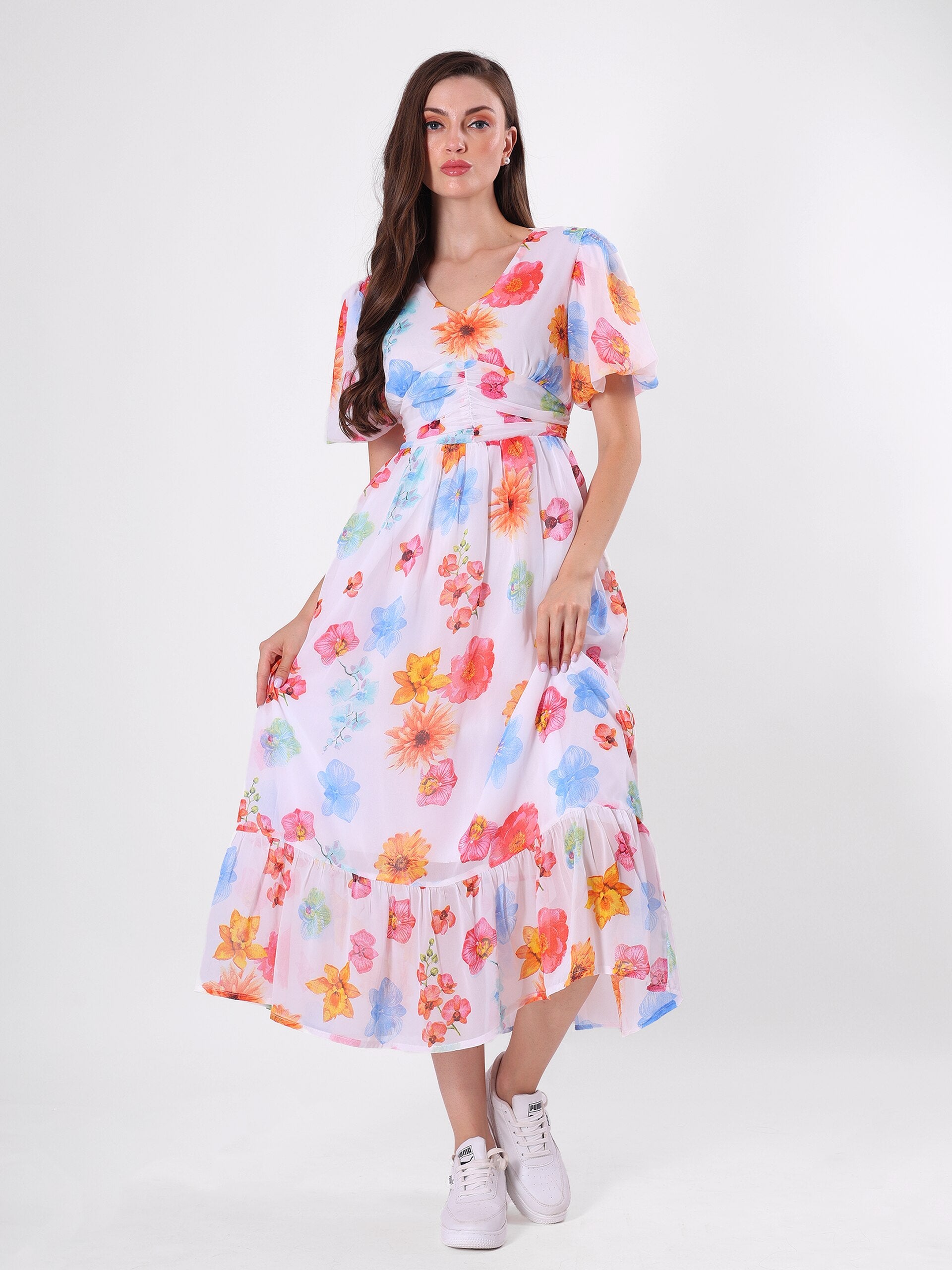 Floral Print V Neck Multicolor Midi Dress