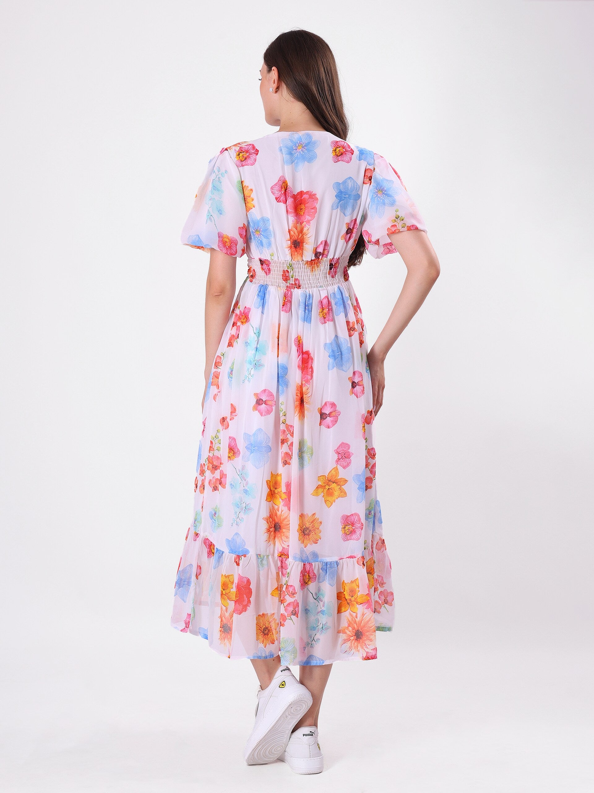 Floral Print V Neck Multicolor Midi Dress