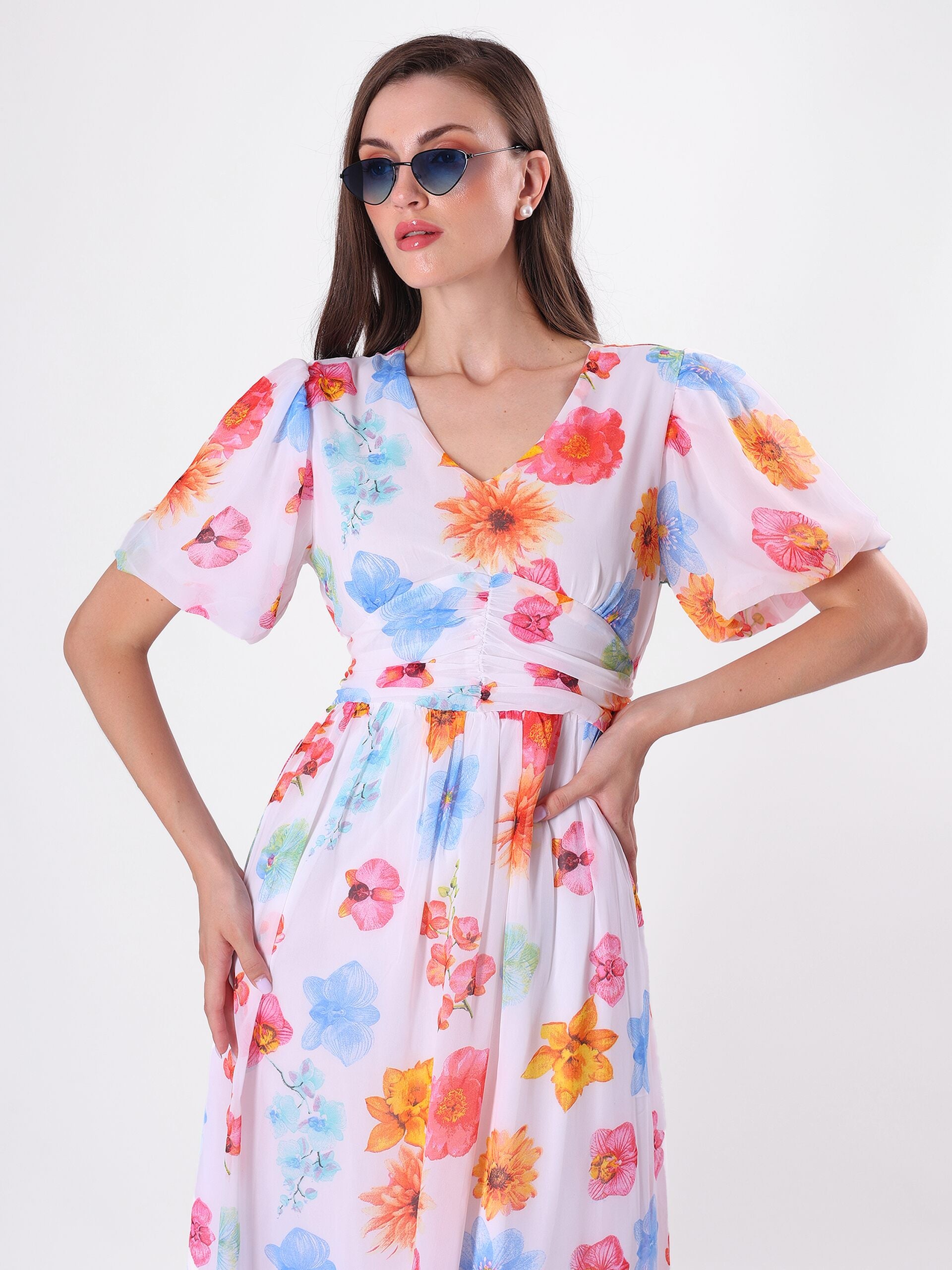Floral Print V Neck Multicolor Midi Dress